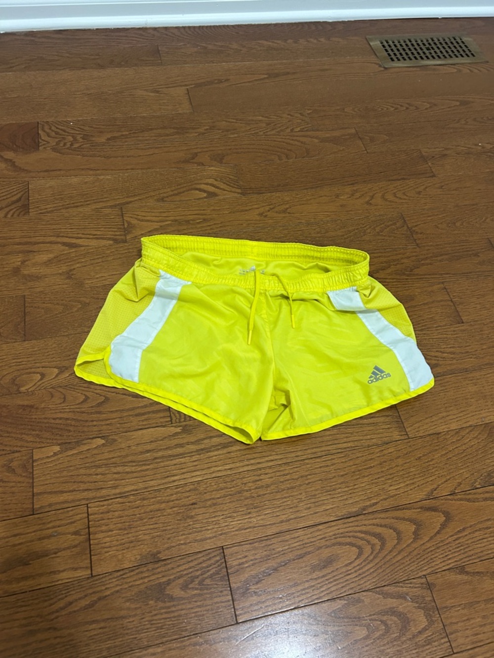 adidas Women's Bright Yellow Athletic Running Shorts with White Panels